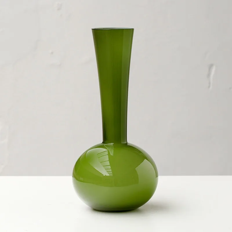 

French medieval glazed vase olive green handmade niche art Phalaenopsis vase ornament