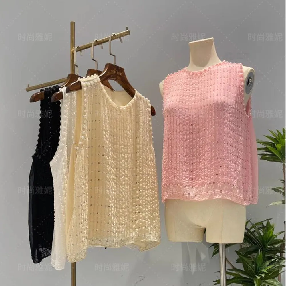 

Beaded Sequin Sleeveless Vest T-Shirt Women New Fashion Elegant Top Stringed Pearl Chiffon Tank Crop Tee