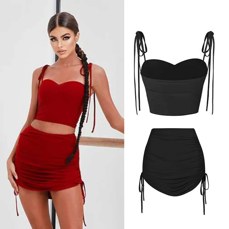 

Summer Latin Dance Clothes Women Tank Tops Sexy Drawstring Skirt Salsa Rumba Sambe Performance Outfit Adult Latin Dress DNV16049