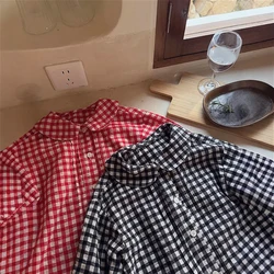 Childrens Embroidered Checkered Shirt 2025 Spring and Summer New Korean Fashion Collar Checkered Long Sleeve Shirt