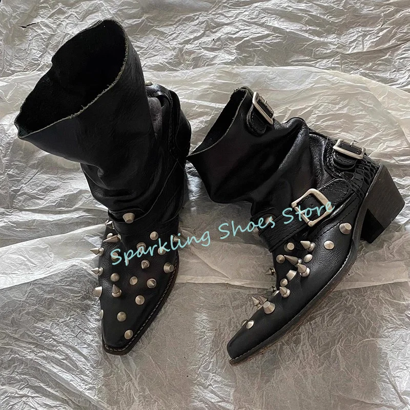

Black Pointed Toe Rivet Metal Decor Punk Short Boots for Women Belt Buckle Chunky Heel Knight Boots Ladies Rock Dress Shoes