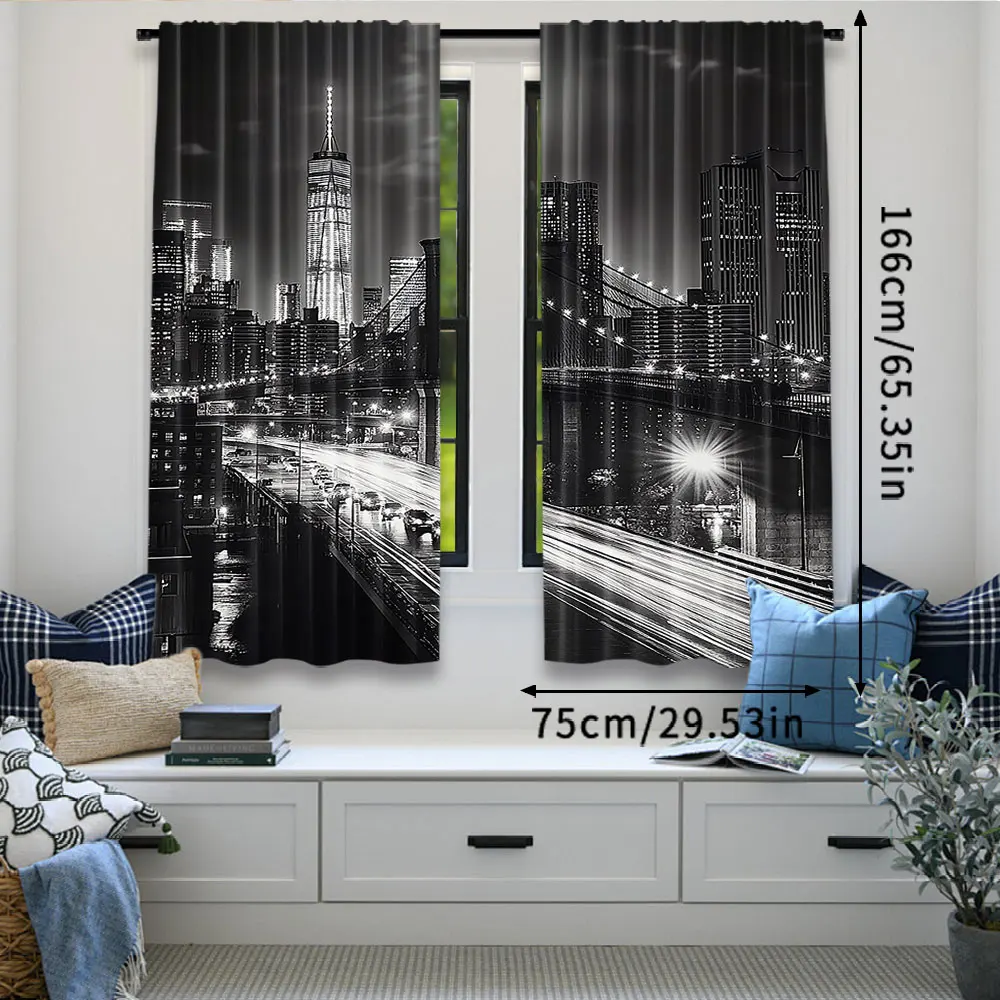 2Pcs Black And White Curtain New York City Night Scene Urban Life Brooklyn Manhattan Suitable For Bedroom Living Room Dining