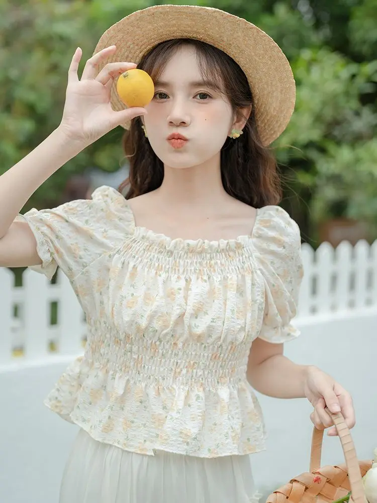 Blouses Women Prairie Chic Simple Folds Korean Style Leisure Print Summer 4 Colors Design All-match Fashion Puff Sleeve Soft New