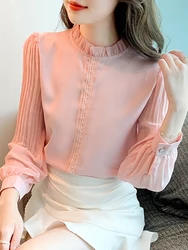 Spring Women Pink Chiffon Blouse Shirt Women Tops Blusas Mujer De Moda 2024 Long Sleeve Blouse Women Shirts Blouses Femme F447