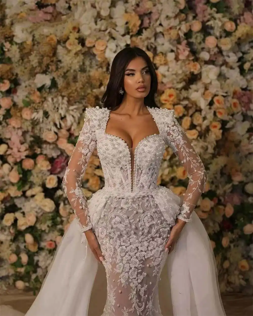 تخصيص ساحة الرقبة سباركلي يزين اللؤلؤ فستان الزفاف الفاخر Vestidos Noivas كم كامل انفصال قطار فستان زفاف #2