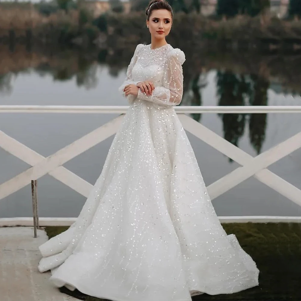 

Exquisite Wedding Dresses O-Neck Long Sleeves Classic A-Line Floor Length Sequin Lace Bride Customized Marriage Gowns Robe