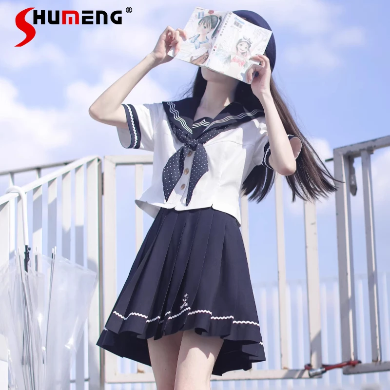 

Original Japanese JK Uniform Sailor Suit Summer Preppy Style Elegant Top Blouse Midi Skirt Sweet Cute Lolita Clothes For Girls