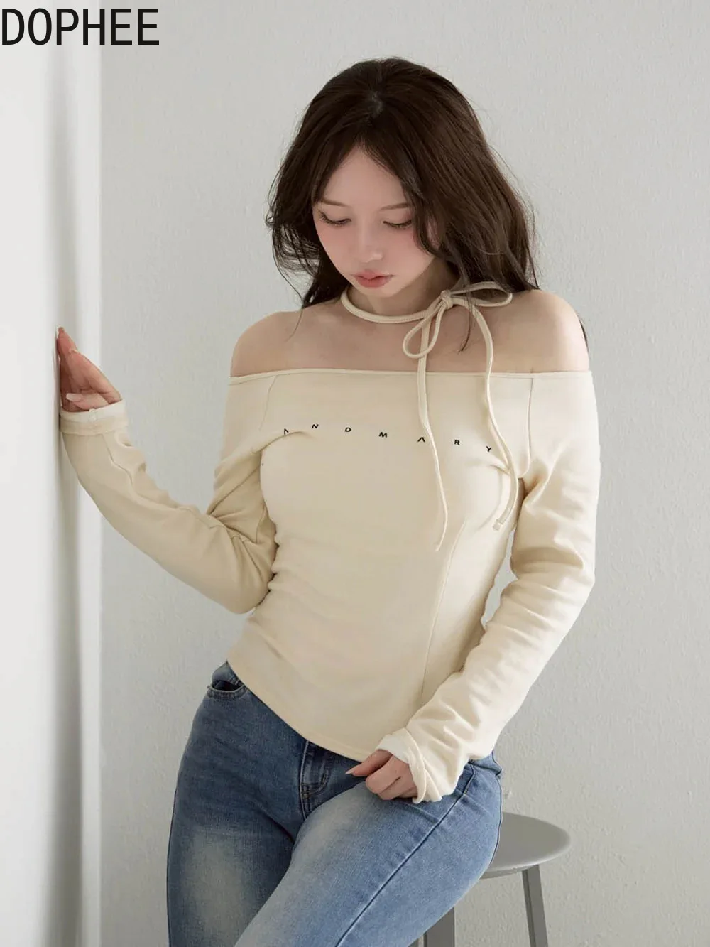 

Japanese New Autumn Fashion Lady Long Sleeve T-shirt Off Shoulder Slash Neck Pullover Top Letters Printed Hot Chick Basic Tees