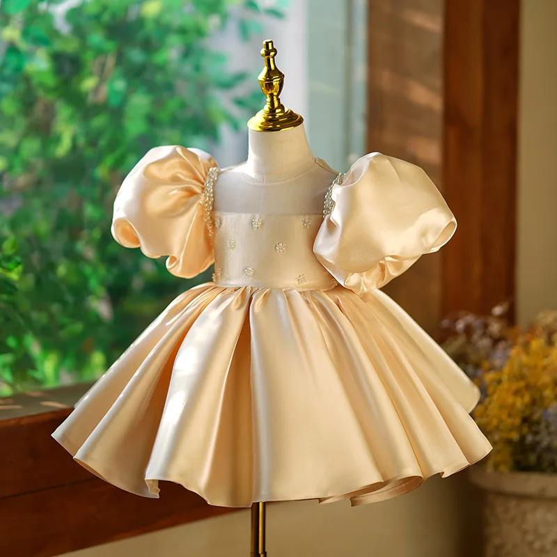 Robe de Concours de Luxe en Satin pour Petite Fille, Tenue de Soirée Courte, Gala, Cocktail, Communion