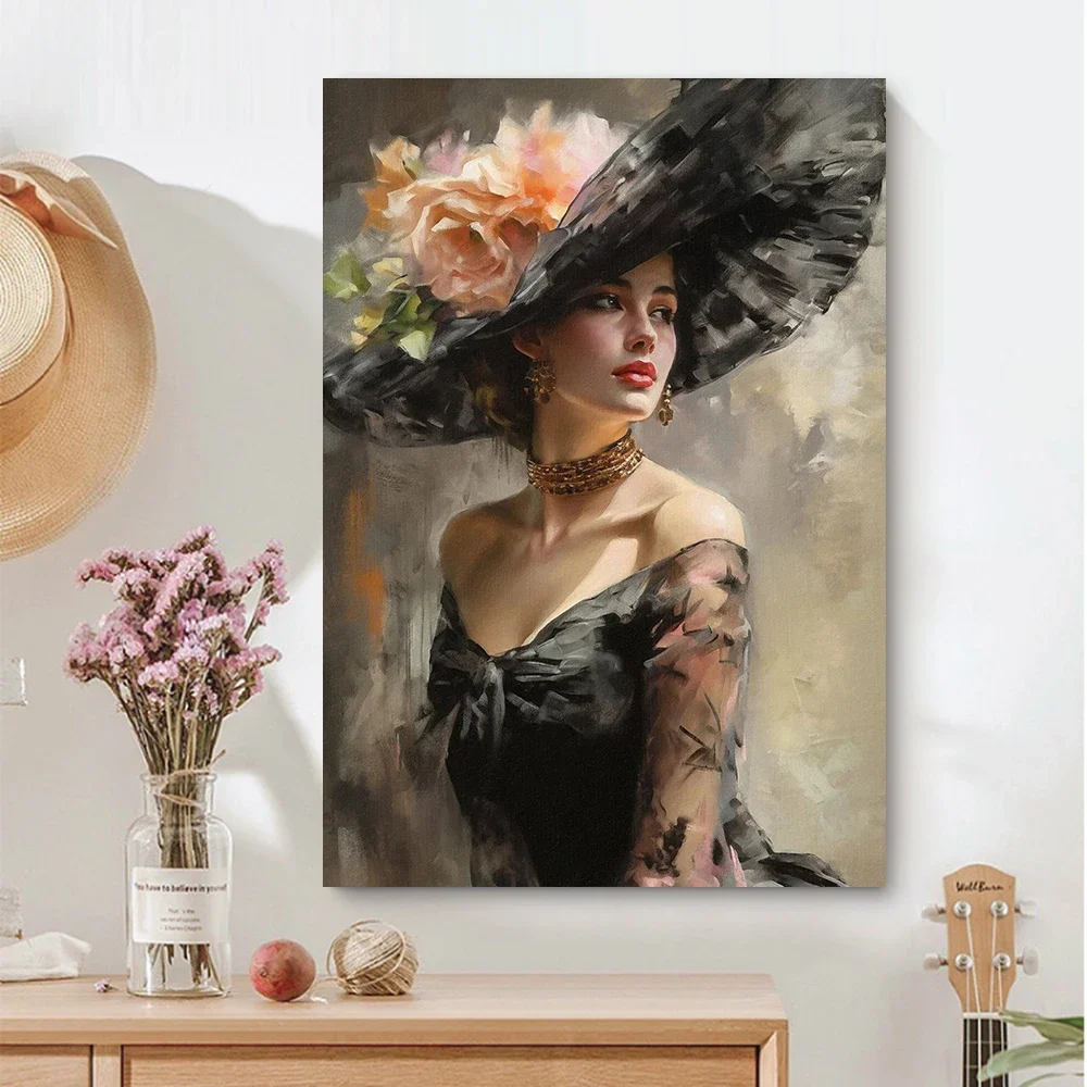 Medieval Beauty Vintage Woman in Large Hat Elegant Flower Hat Canvas Painting Poster Print Home Room Wall Art Frameless