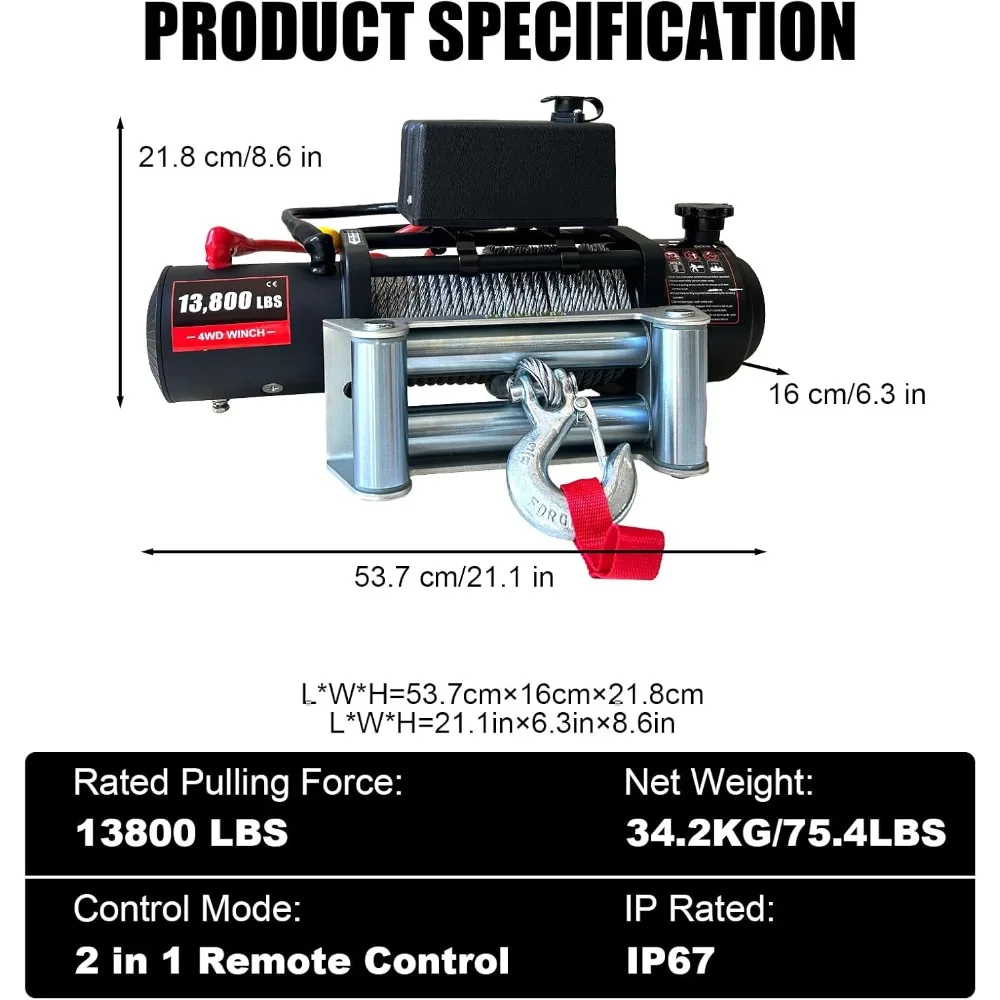 13800lbs Electric Vehicle Winch, Waterproof IP67 80ft Steel Cable Truck Winch with Wireless Handheld Remote, 12V Power Winch