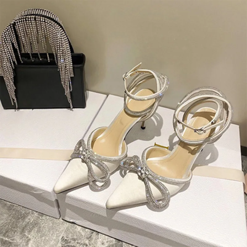 

White Satin High Heels for Women's Summer 2024 New Rhinestone Bow Tie Pointed Thin Heel Wrapped Sandals