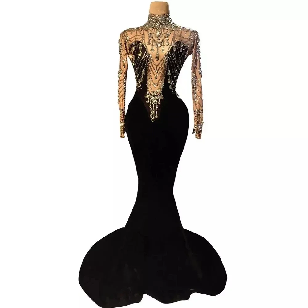 2025 Sexy Car Model Female Song Host DJ Water Diamond Velvet Wrapped Hip Long Dress Adult Stage Performance Evening Dress yj416
