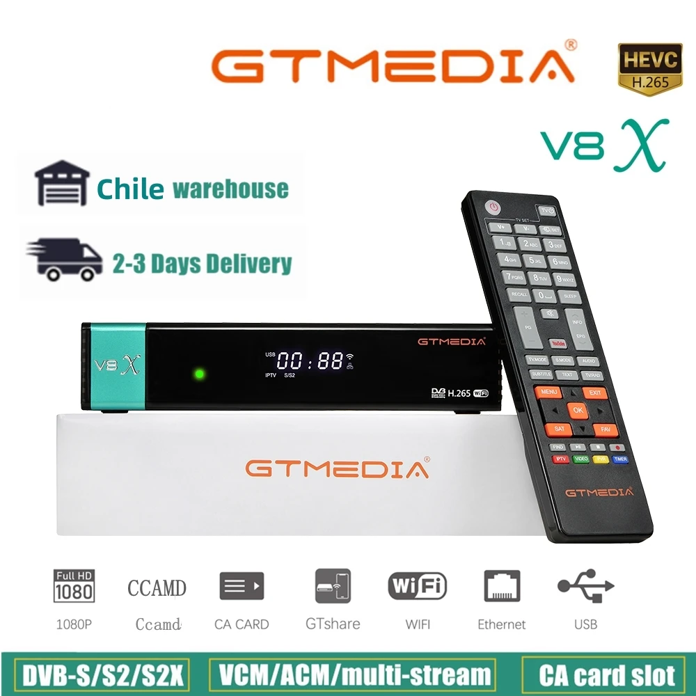 

GTMEDIA V8X HD 1080P satellite receiver DVB-S/S2/S2X built-in 2.4G WIFI H.265 support SAT to Gtplayer card CA TV receivers stock in Chile