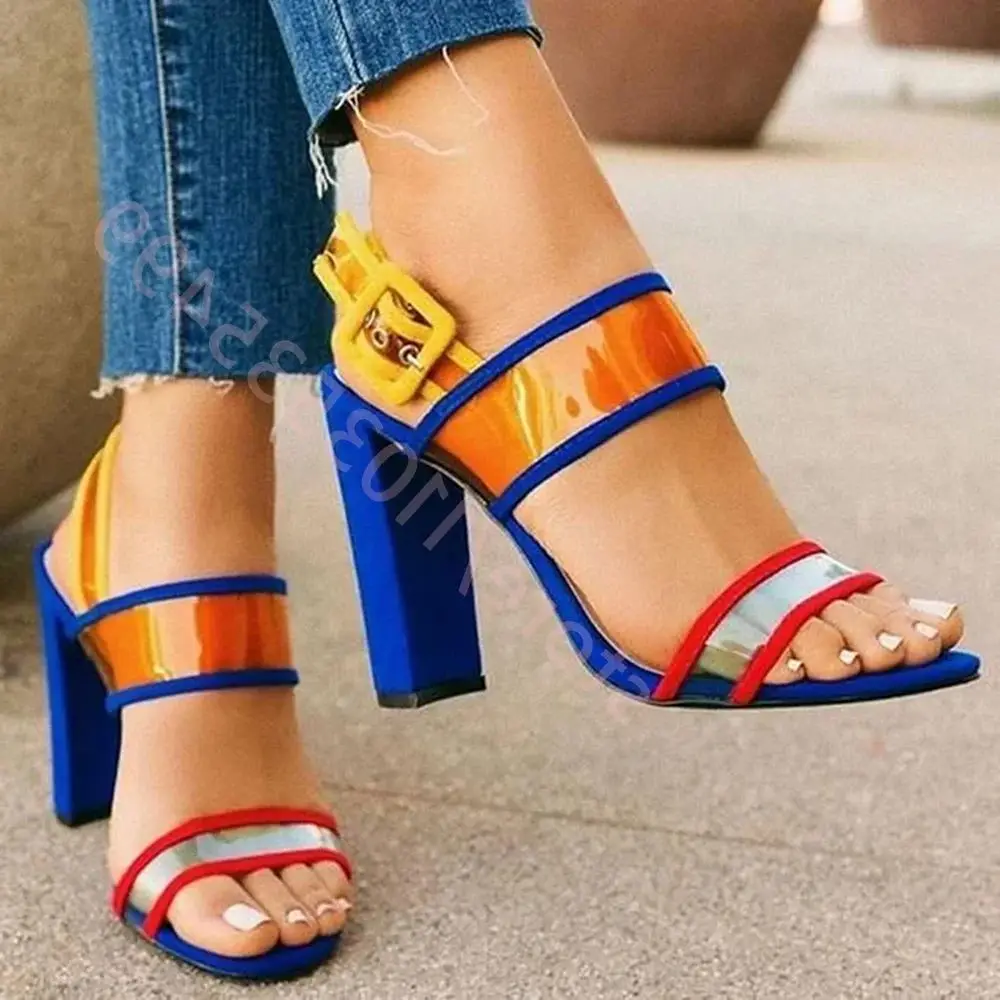 

Sexy Women's Catwalk Multi-Colored Sandals Clear Straps Chunky Heel Slingback Sandal 2025 New Fashion Party Buckle Open Sandals