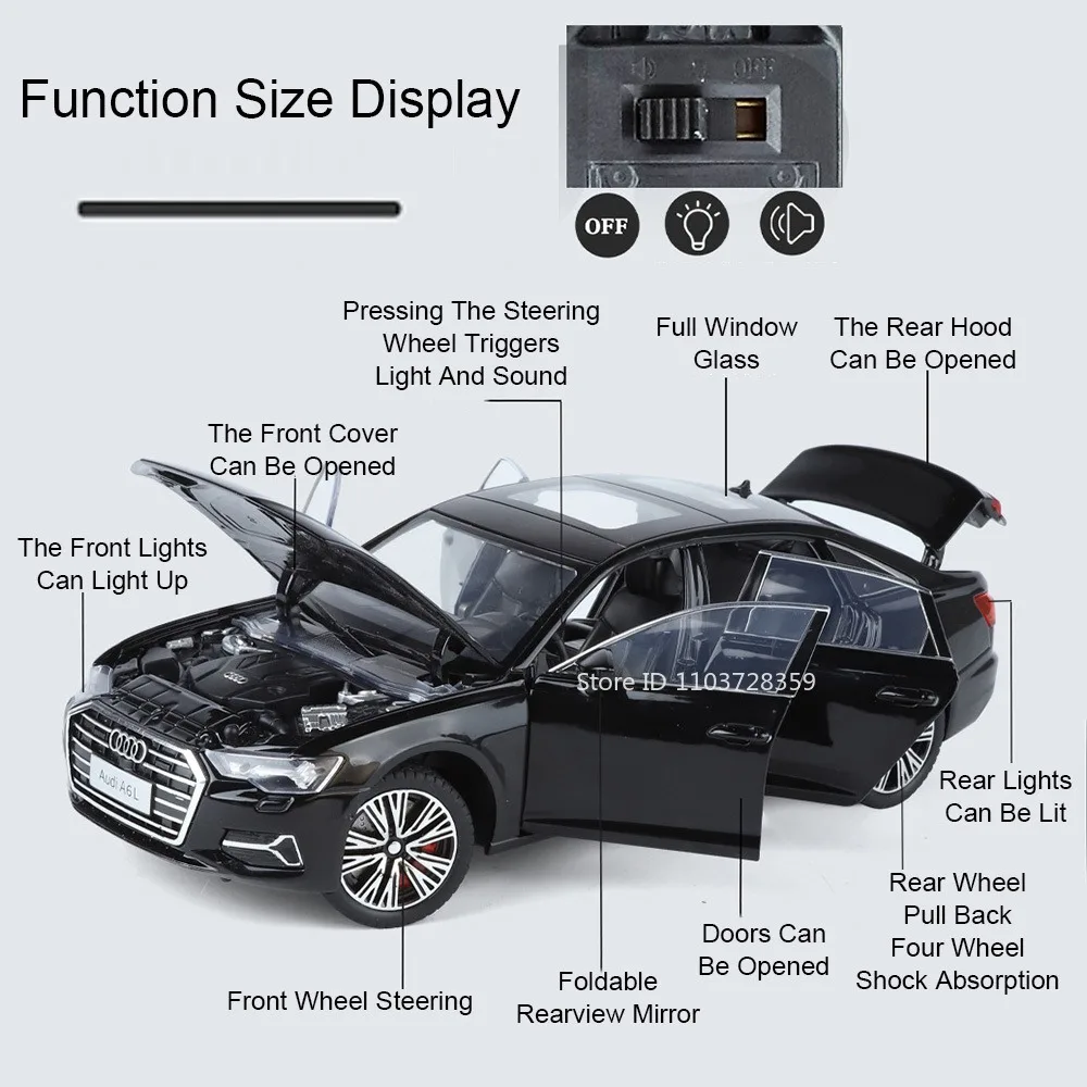 1:24 RS7 A6L modelo de coche de juguete aleación Diecast sonido luz puertas abiertas absorción de impacto tirar hacia atrás decoración vehículos para niños regalos