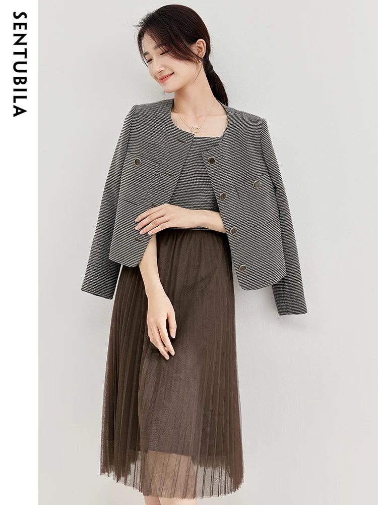 

SENTUBILA Fashion Office Ladies Tweed Two Piece for Women 2024 Autumn Round Neck Jacket Top Pleated Tank Dresses Sets 133Z50676