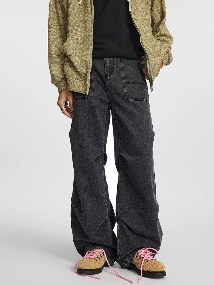 2026 Ropa Y2K Fashion Washed Black Baggy Pleated Jeans Pants Men Clothing Straight Luxury Cotton Long Trousers Pantalon Hombre