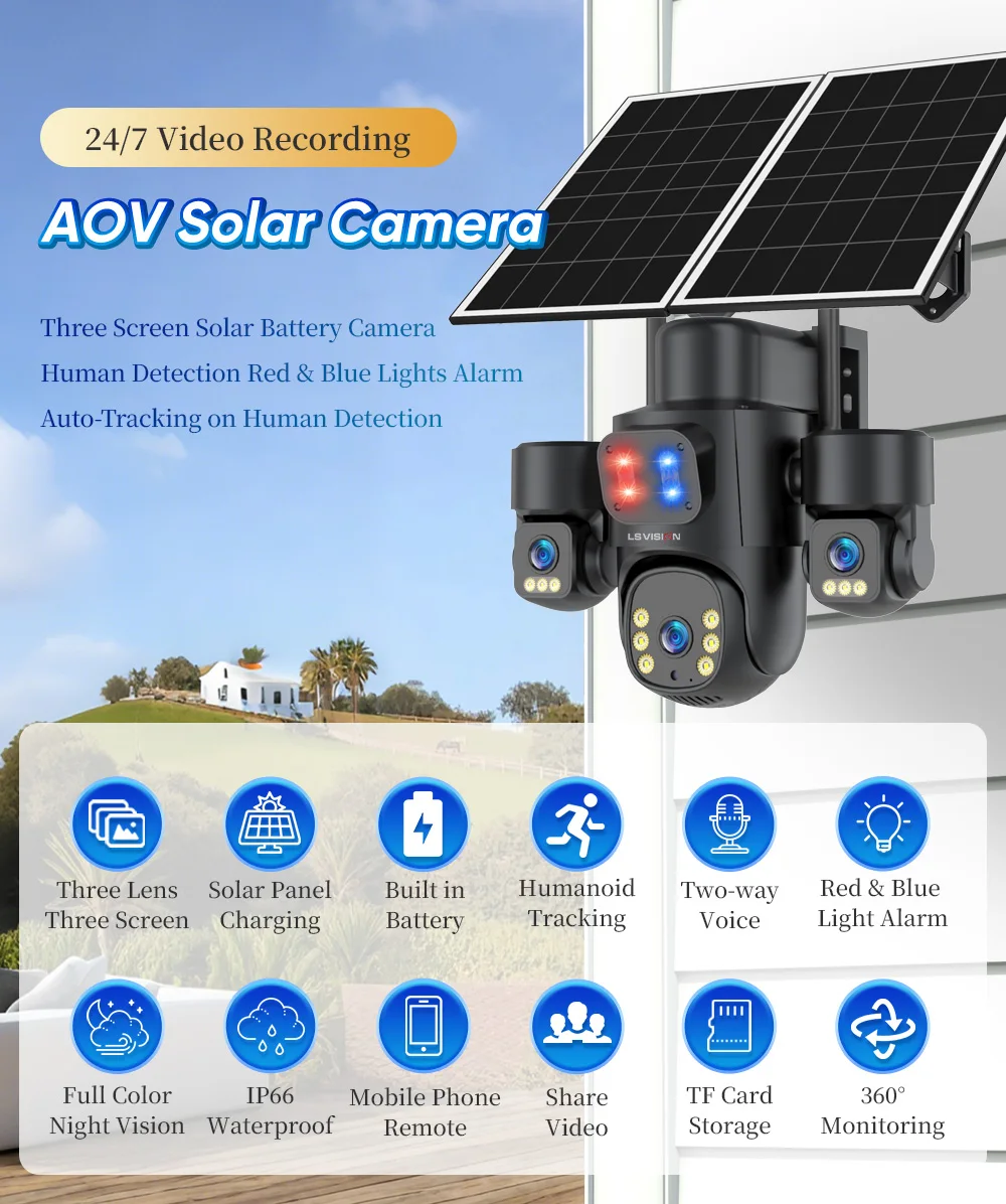 LS VISION 15MP AOV 24/7 Recording 4G Solar Camera 12X Optical Zoom Security Camera Outdoor Three Scree Auto Tracking CCTV HiEasy