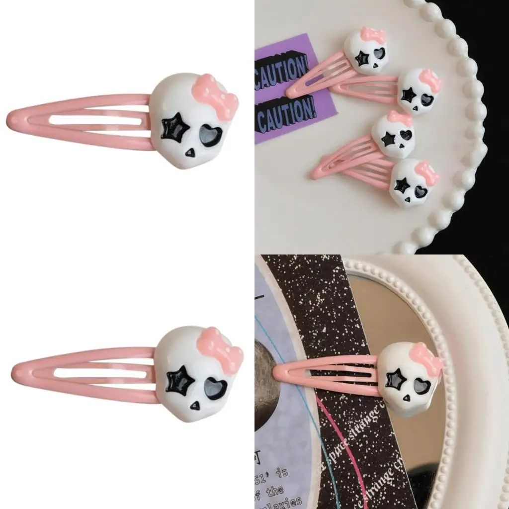 

652F Girls Hair Clip Pink Color Cartoon Skull Hair Barrettes for Teen Summer