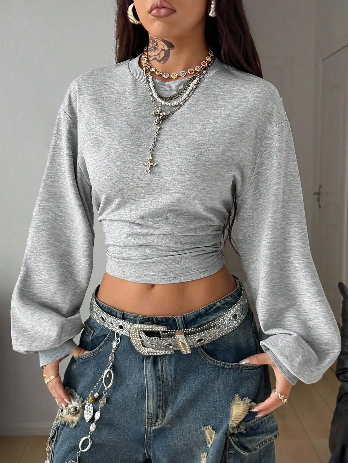 

Coolane Women;S Fall/Winter Back To School Basic Solid Color Pleated Asymmetrical Neck Long Sleeve Pullover Sweatshirt