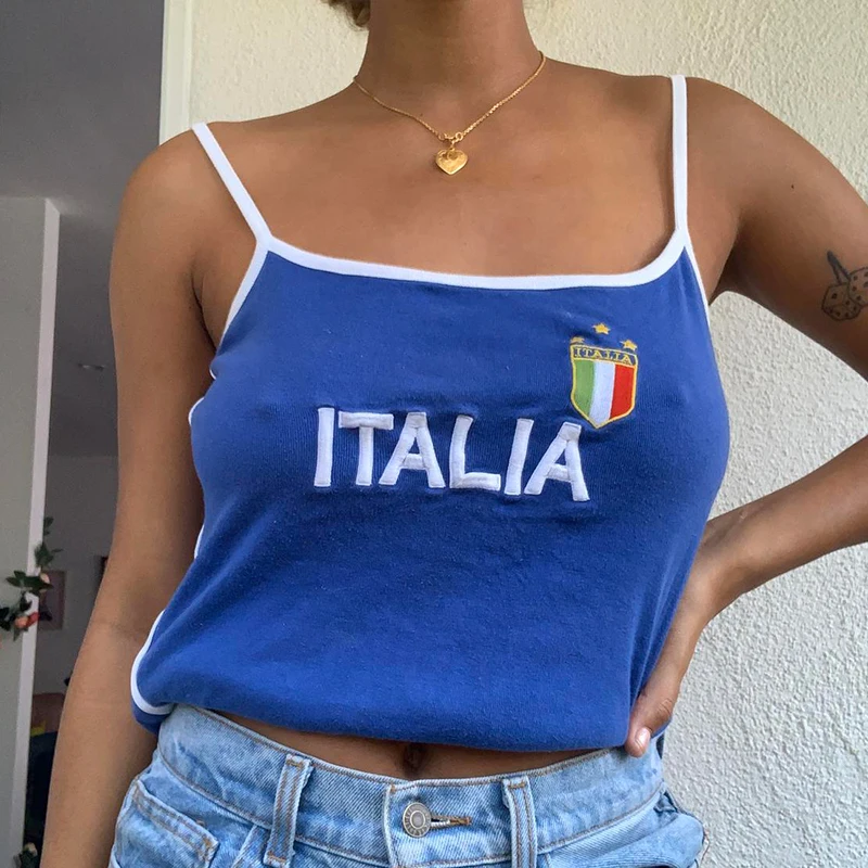 Summer Cute ITALIA Graphic Embroidery Camisole Female Fairy Core Vintage Crop Top Emo Girl Y2k Aesthetic Tank Tops