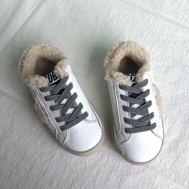 Children\'s Winter Boys Plush Casual Lamb Wool Genuine Leather Boots Comfortable Soft School Girls Cotton Board Shoes