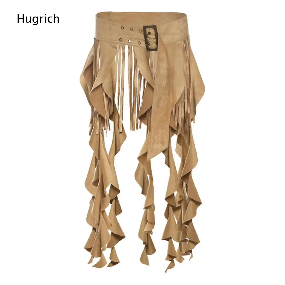 Solid Color Khaki Suede Fringe Hip Wrap Skirt Wide Waistband Metal Buckle Multi Layer Long Tassel Cover Up Belt