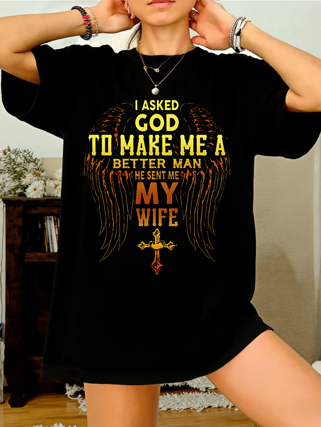

Womens Cotton Funny Graphic T Shirt 'Asked God to Make Better Man, Wife' Short Sleeve Casual Gift for Her