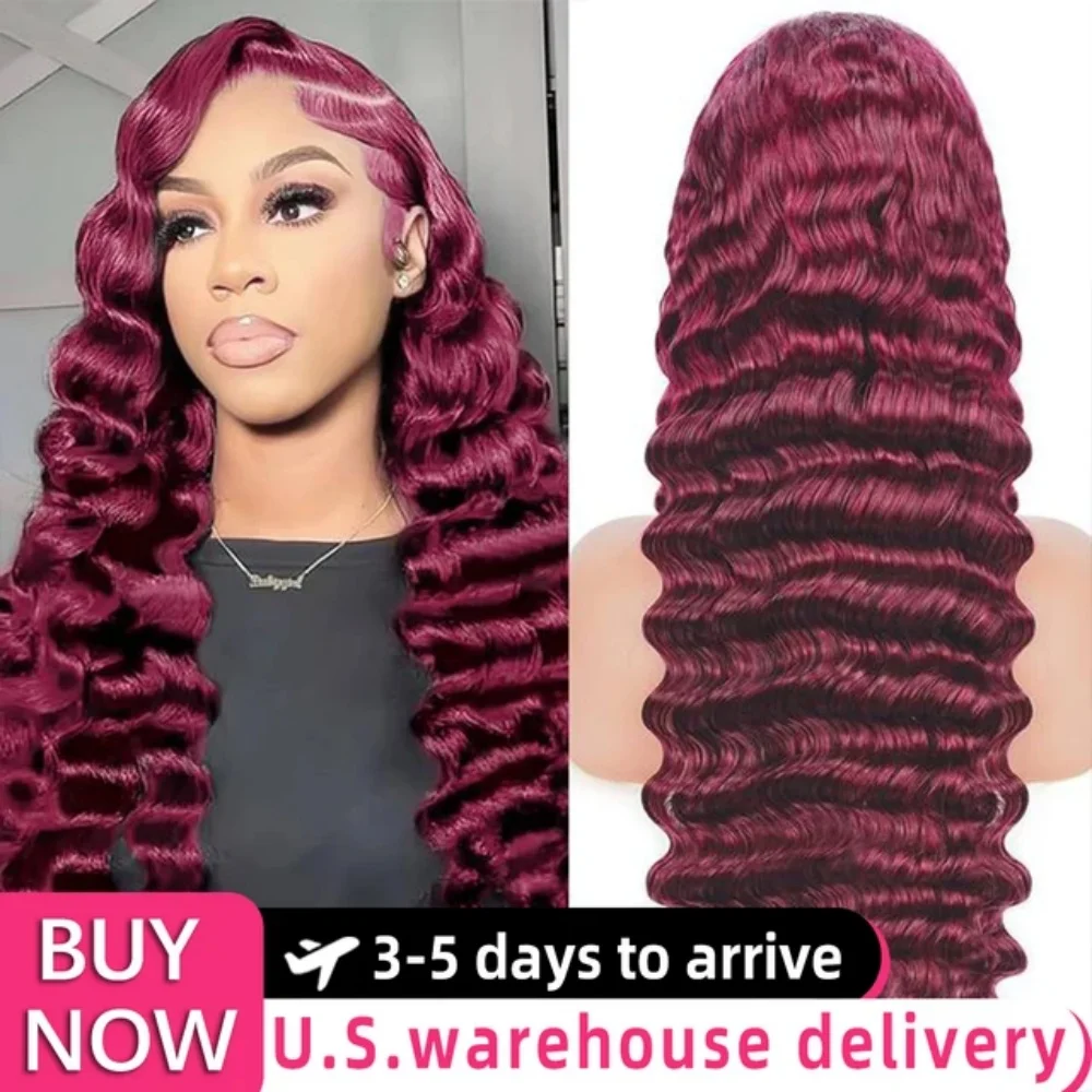 

99j Burgundy 13x6 Hd Lace Frontal Human Hair Wigs Curly Wigs Deep Wave 13x4 Transparent Lace Front Wig Closure Wig For Women