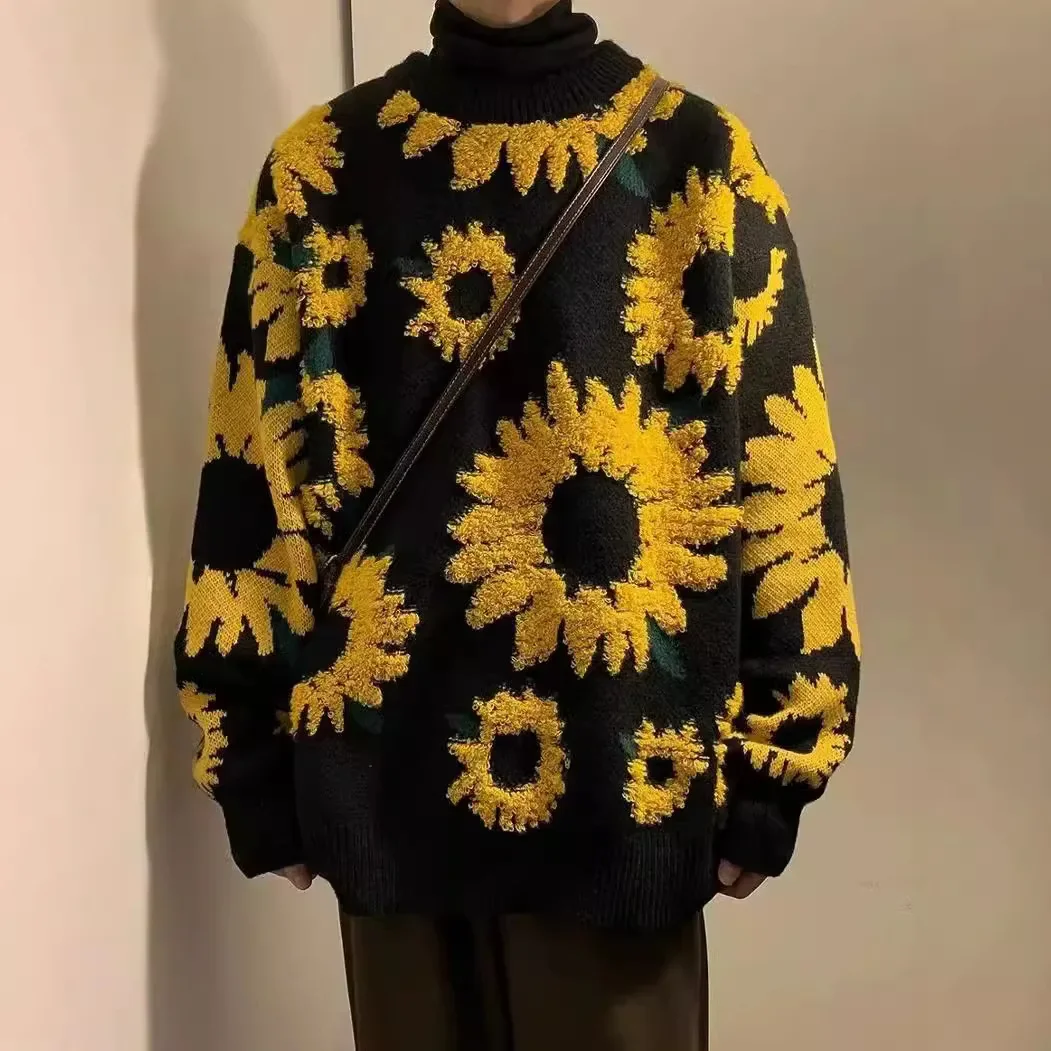 

Sunflower Jacquard Pullover Knitted Sweater Women's Autumn and Winter New Loose Round Neck Long Sleeve Medium and Long Sweater