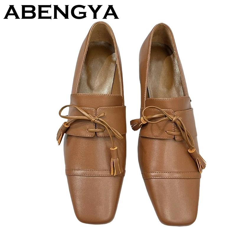 

2025 Spring Genuine Leather Lace Up Flat Shoes For Women Square Toe British Style Flat Loafers Casual Walking Single Shoes Mujer