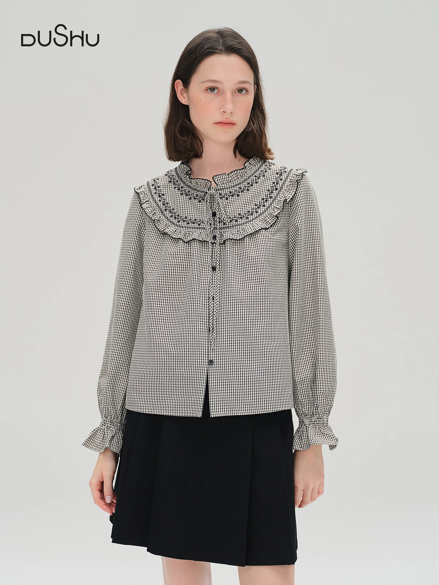

DUSHU Ruffled Plaid Shirt Women Age-reducing Early Autumn Women's Clothing 2025 New French Style Sweet Top