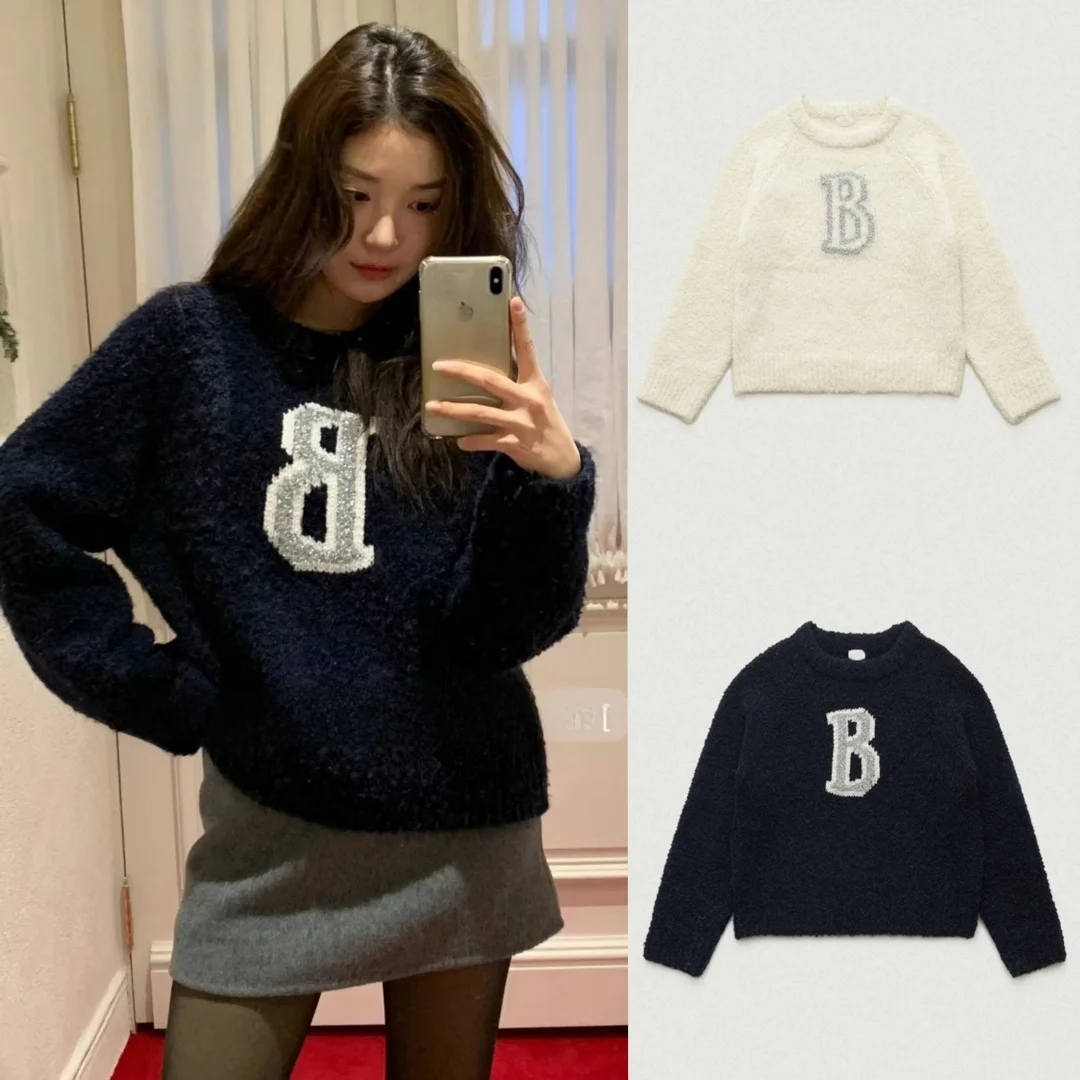 

Comfortable round Ne Overhead Letter Sweater TheBarnet Eight Milk 2025 Autumn Simple Color Blo Sweater Sweet Sle Loose Fit