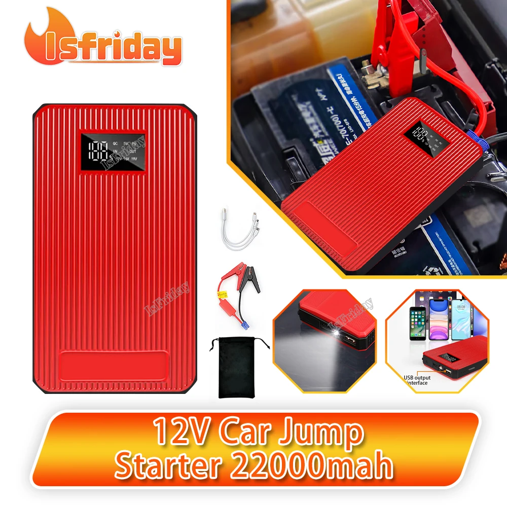 12V Car Jump Starter 22000mAh Power Bank Auto Starting Device 600A Car Battery Booster Emergency Buster Jump Start Cable