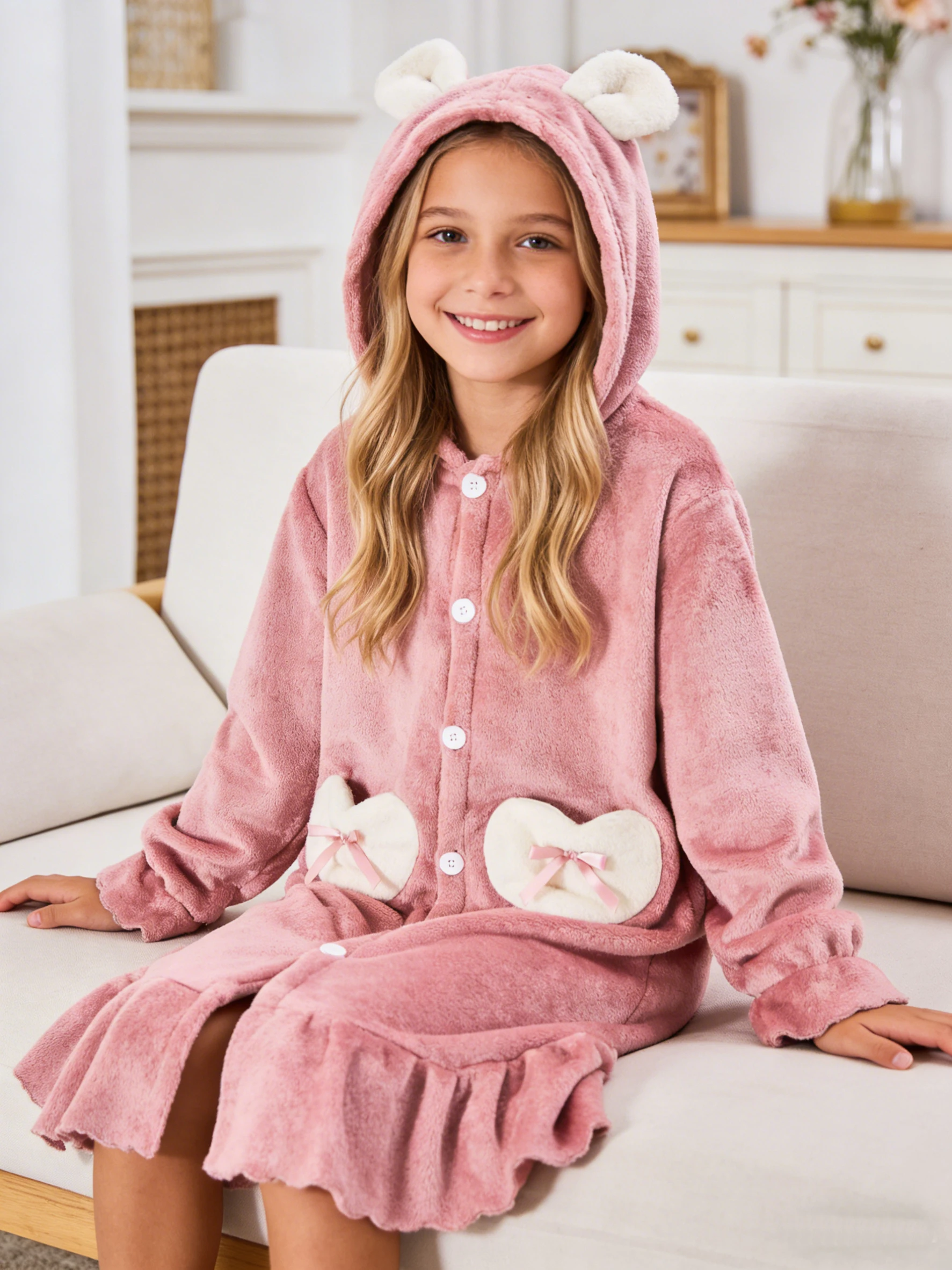 Girls' Bathrobe with Hood for Autumn and Winter, Girls' Heart-Shaped Bow Pocket Cardigan Fleece Flannel Warm Home Bath