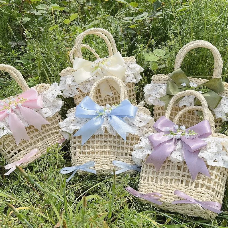 

Lolita Bow Lace Woven Beach Bag Wallet Women Sweet Cute Handle Straw Bags Purse Female Vacation Kawaii Hand Bag Bolso Marca Lujo