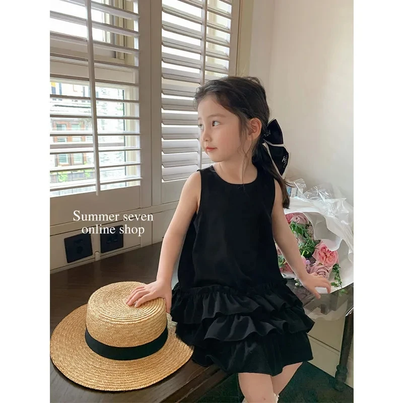 Baby Girls Dress 2023 New Korean Children\'s Wear Summer Children\'s Fashionable Sweet Black Lace Sleeveless Dress