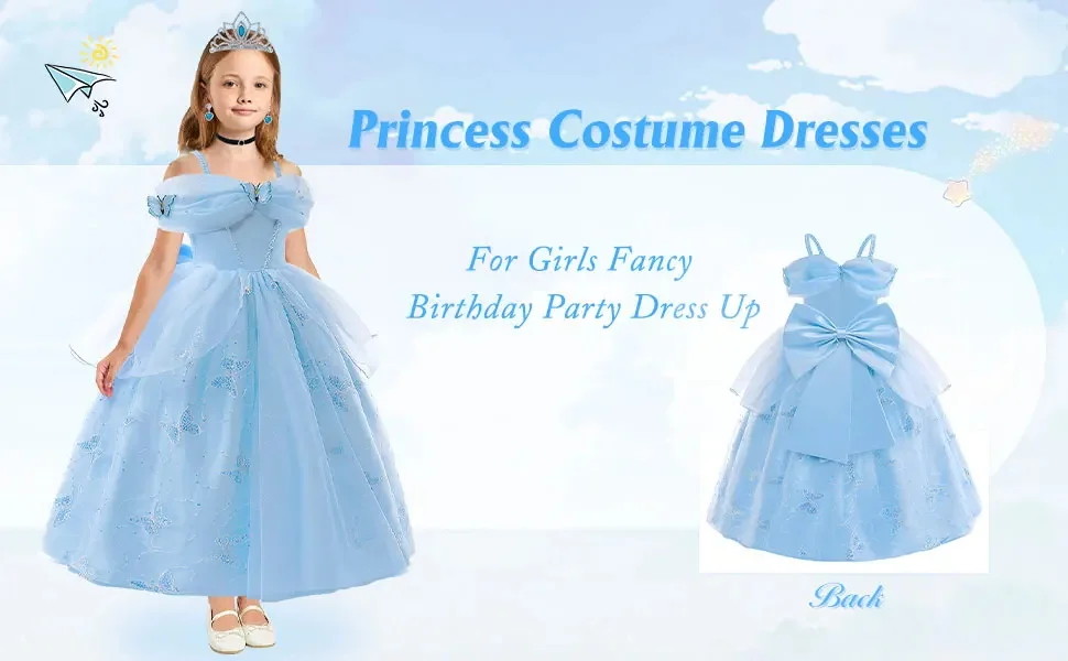 Kinderpartykleider für Mädchen, elegantes Cinderella-Prinzessinnenkleid, Schmetterlingsblaues Abendkleid für Mädchen, Sommer-Abschlussballkleid – Detail 2