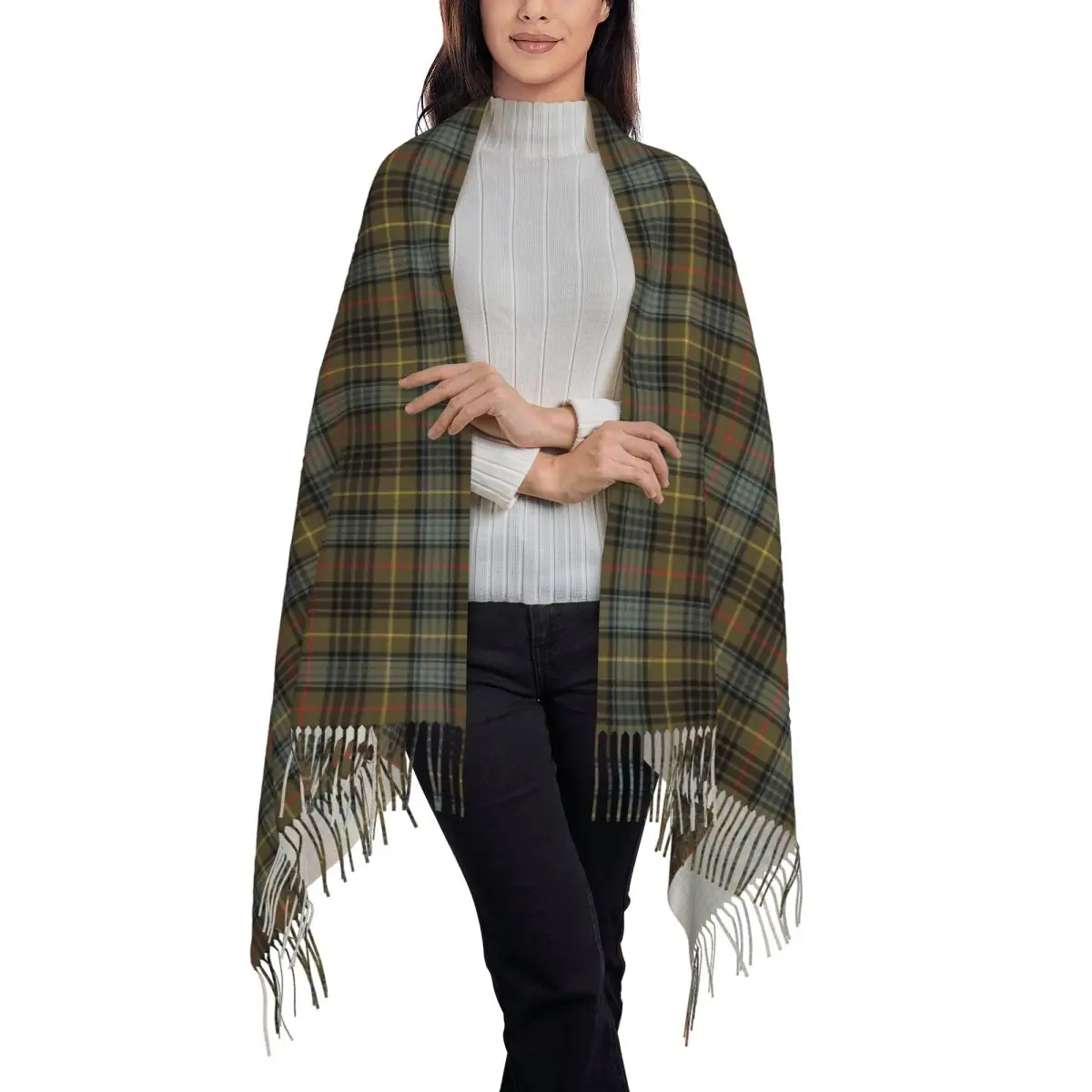 Outlander Leather And Tartan Scarf Tassel Scarves for Women Soft Warm Shawls and Wraps Long Fall Winter Shawl Wrap