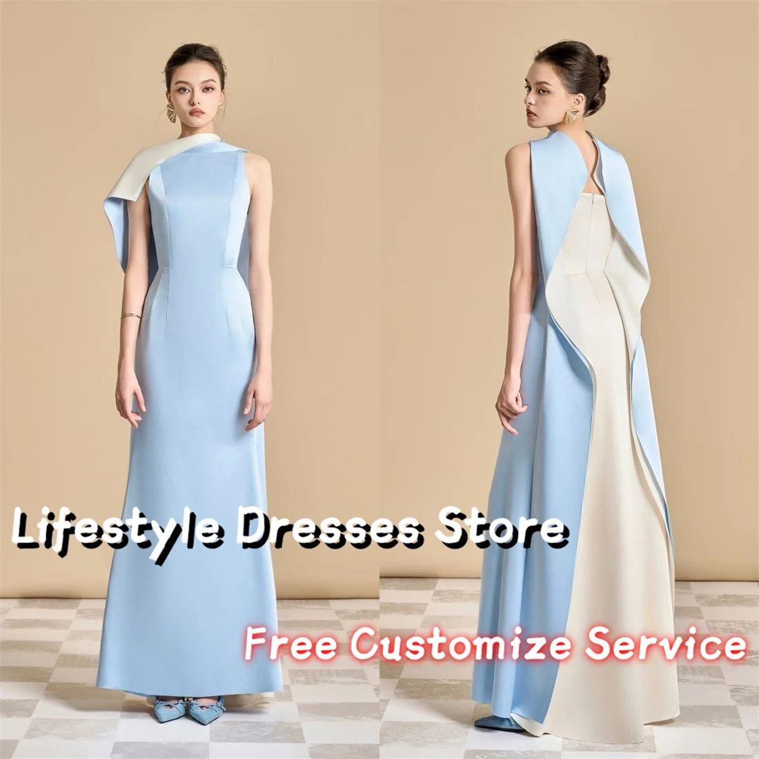 Customized Sleeveless Elegant Party Dress 2024 Ruched Light Blue Prom Evening Dress Wedding Formal Gown