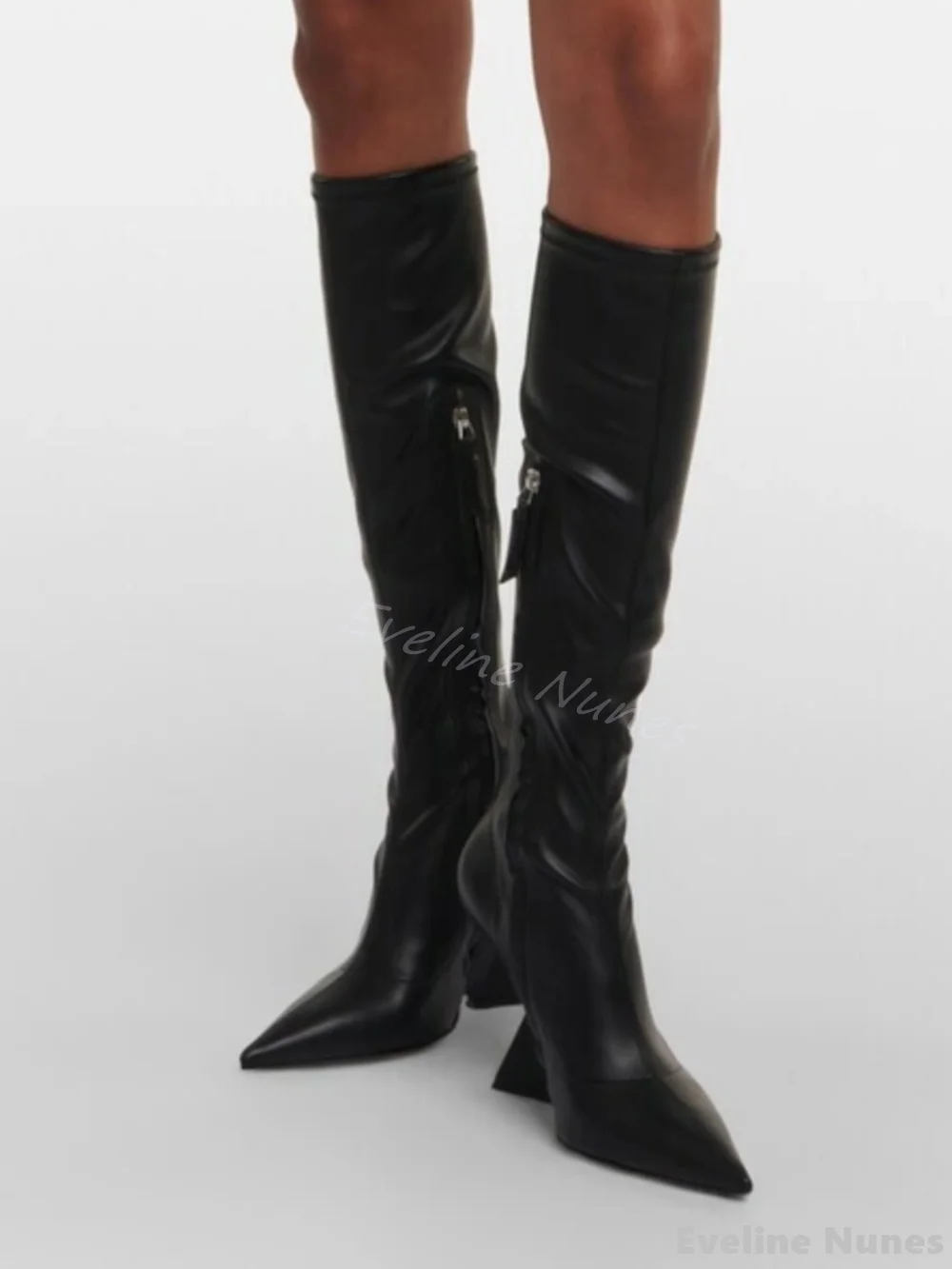 Catwalk Pointed Toe Special Wedges Long Boots Women Black Leather Side Zipper All-match Knee-high Boots New Fashion Party Boots