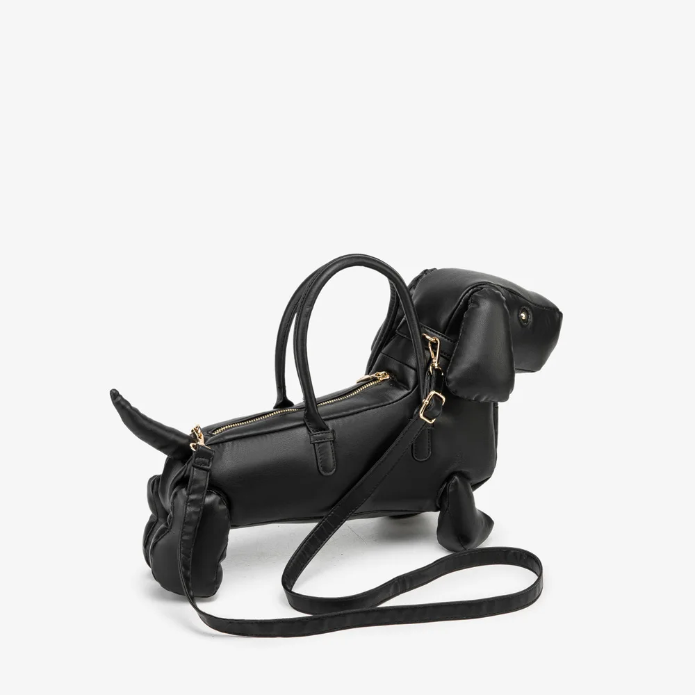 Quirky Black Dog Soft Leather Shoulder Crossbody Bag Women's Top Floor Doll Shape Handbag Casual Minimalist Style Zipper Closure