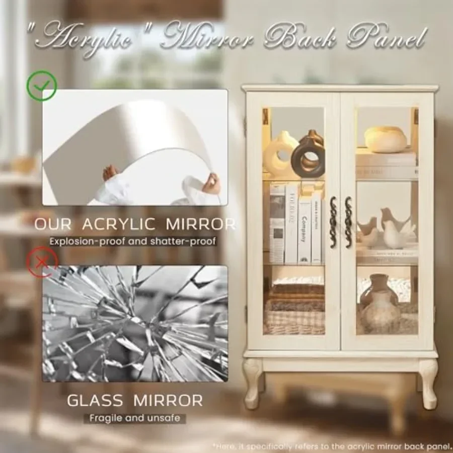Living room wine artwork showcase rack: lighted glass curio cabinet, vintage-style chrome finish, clear tempered glass doors ac view 4