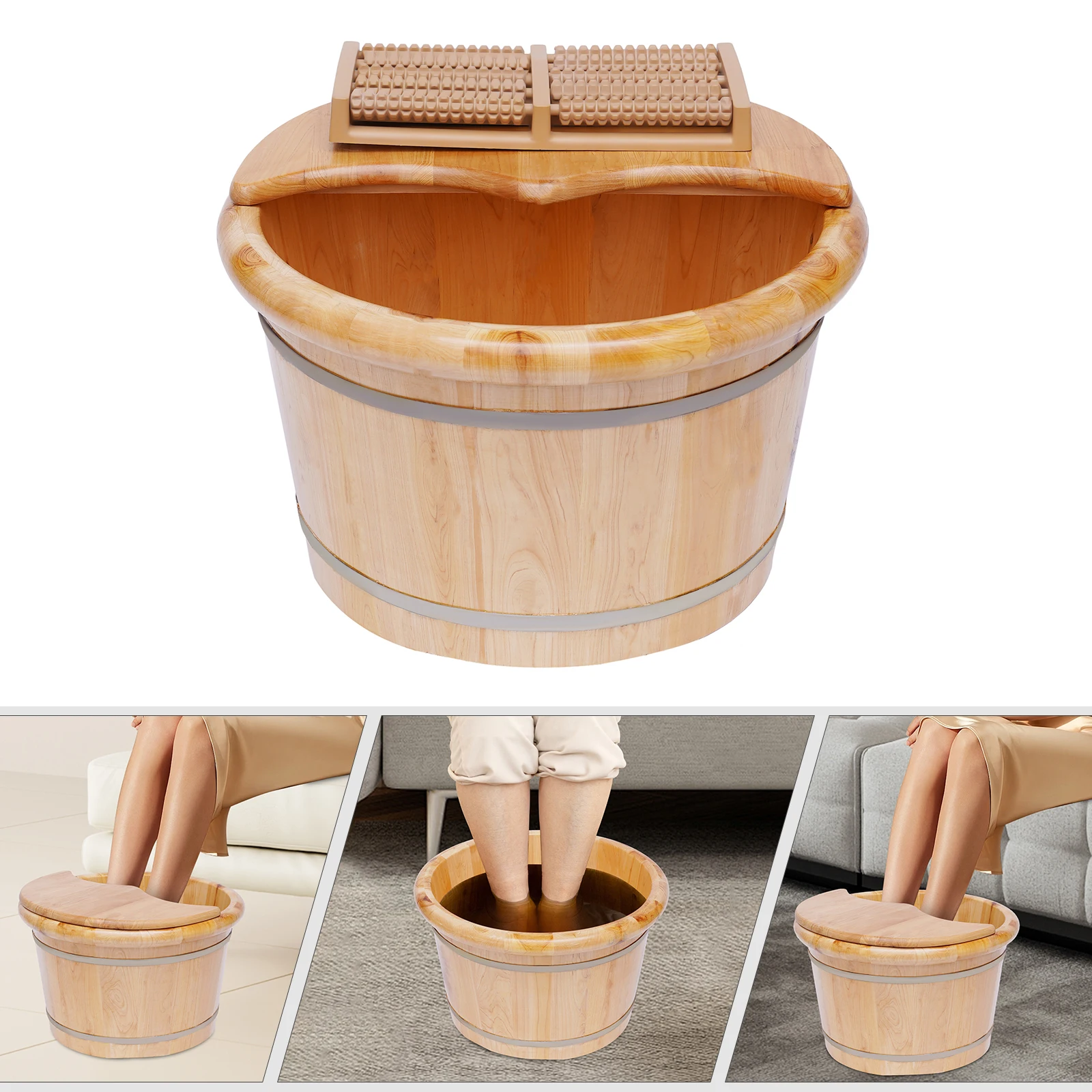 Foot Bath Bucket Cedar Wood Foot Basin Foot Massage Bucket with Massager Cover Plate Portable Foot Bath Basin