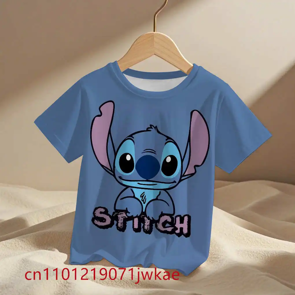 

O-neck Ohana Stitch Disney Parent T-shirts Kawaii Lilo Stitch Print T-shirts Tops for Women Lady Summer Children T-shirts Casual