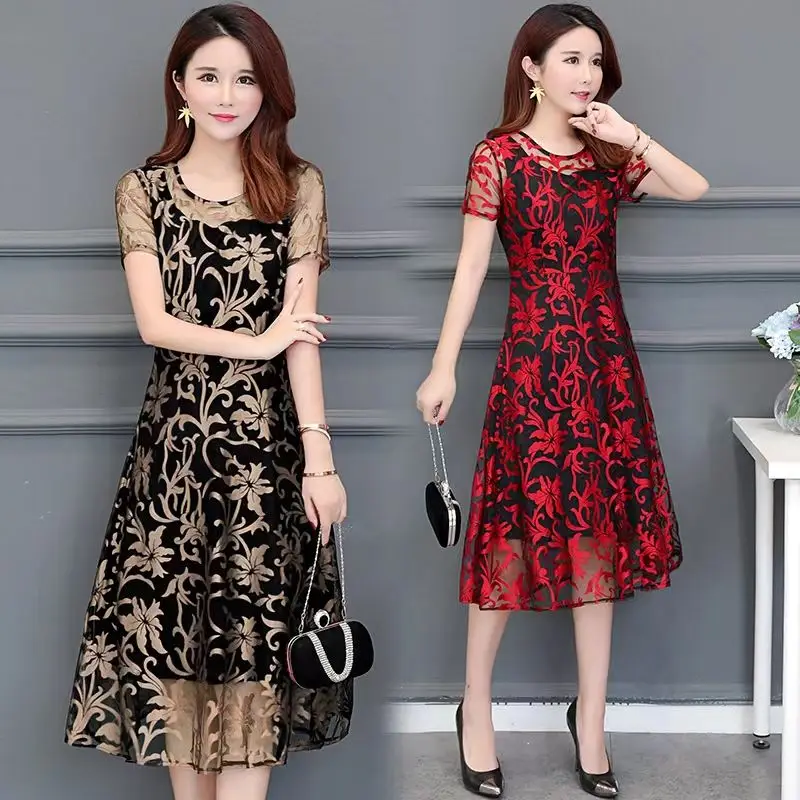 Robe mi-longue à manches courtes pour femmes, impression de tempérament, fil net, robes d'été pour dames, mince, mode élégante, vêtements pour femmes, nouveau