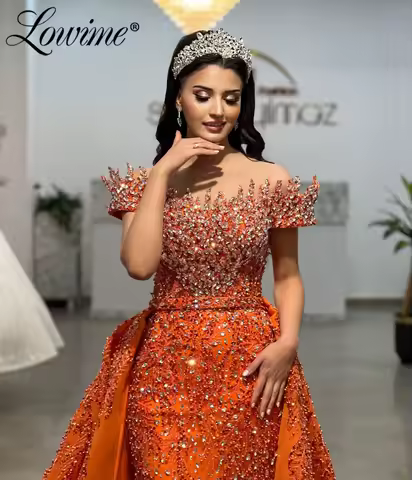 Customized Crystal Orange Mermaid Prom Dress Long Sequined Lace Evening Wedding Party Second Reception Birthday Engagement Gowns