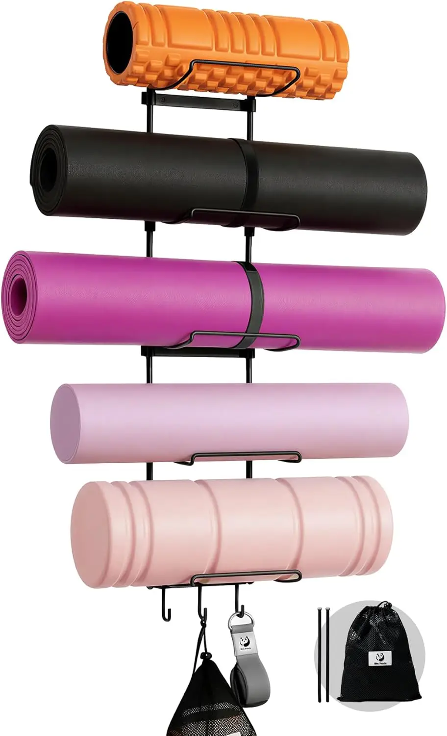 

Тонкая настенная подставка для ковриков для йоги с сетчатым мешком, 5-уровневая полка для хранения аксессуаров для домашнего спортзала