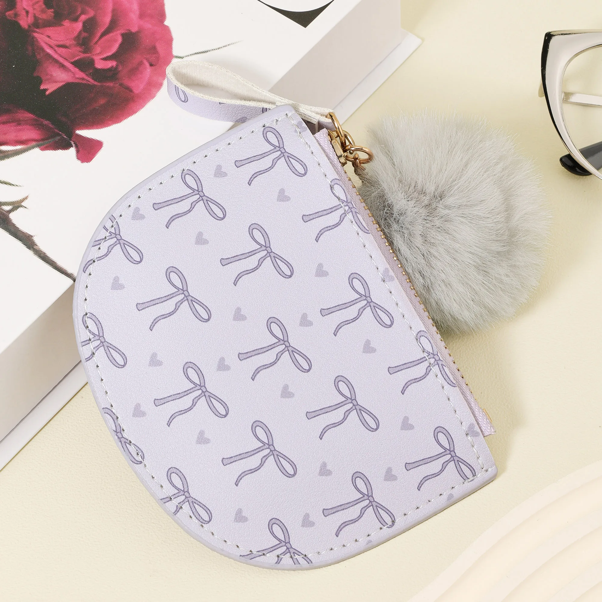 Card clip ultra-thin, lightweight, portable cash ID card, credit card coin pocket wallet With a Pom pom Charm, stylish zipper co